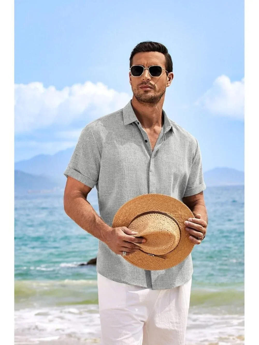 Men's Light Grey Beach Linen Short Sleeve Casual Shirts Button Down